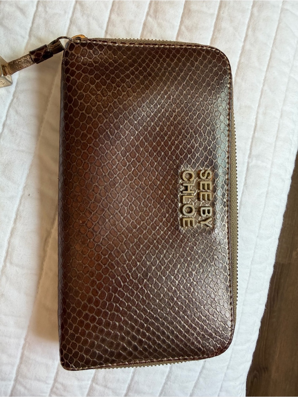 See By Chloe Brown Textured Zip Wallet with Gold Logo